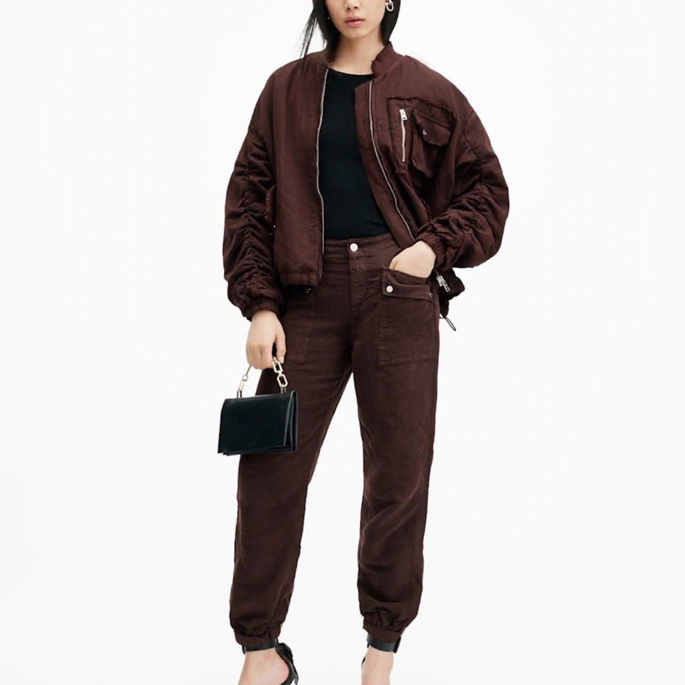 All Saints Deep Wine Red Val Linen Blend Cargo Pants